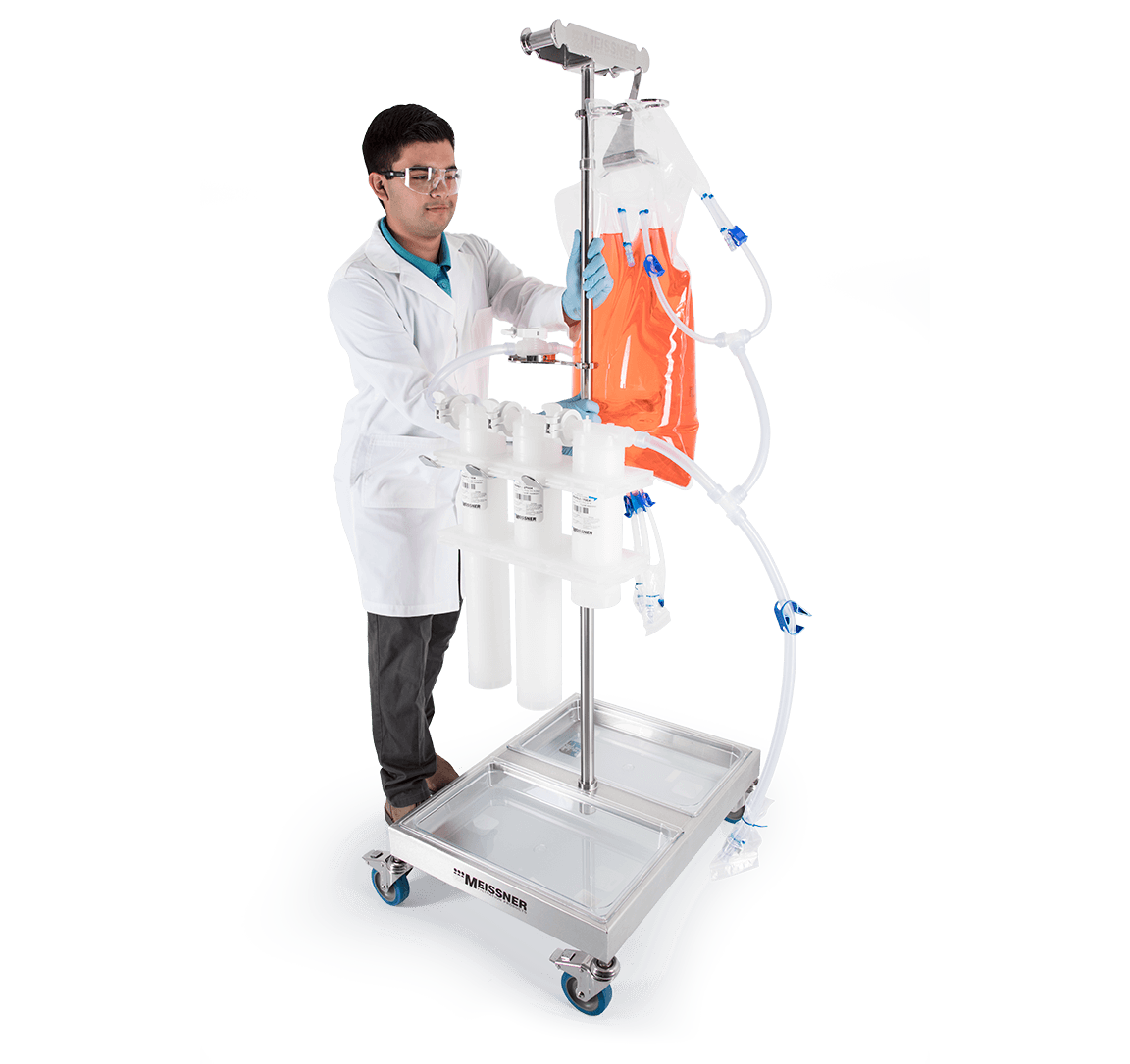 Dual End-Ported Biocontainer Cart with UltraSnap® filter assembly and TepoFlex® biocontainer bag attached.