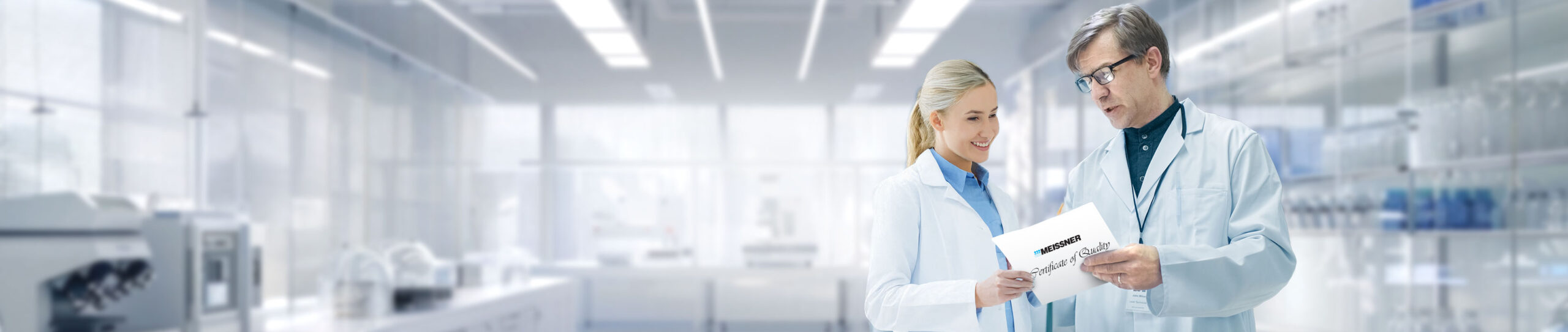 Scientists discussing quality certification in laboratory
