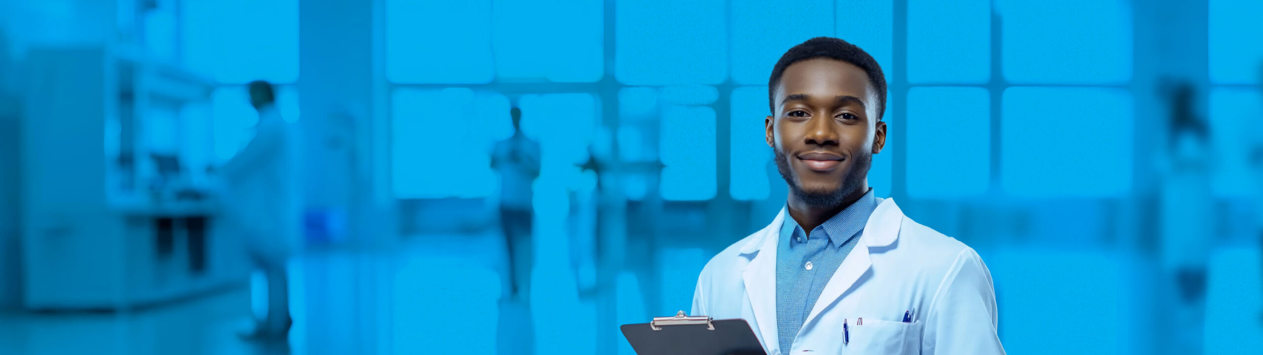 Smiling doctor in lab coat holding clipboard.