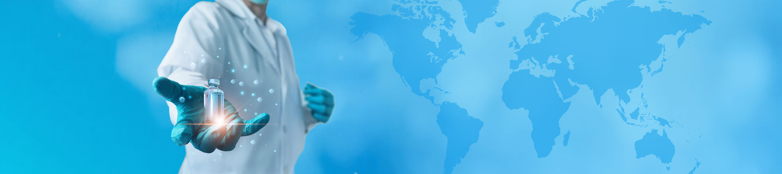 Scientist holding vial with glowing effects, world map background.