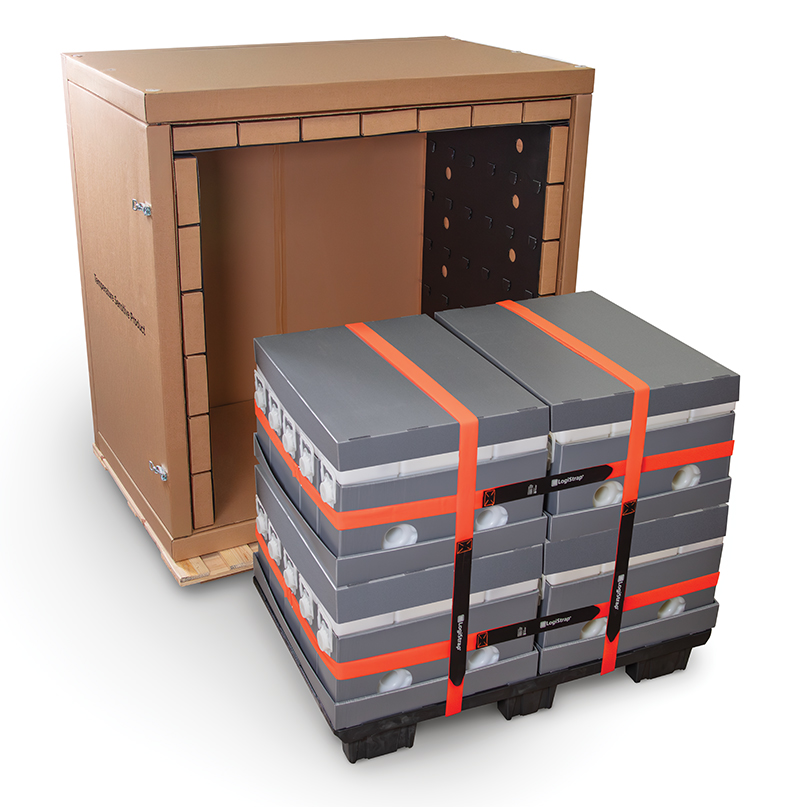 Cardboard box and strapped gray containers on pallet.