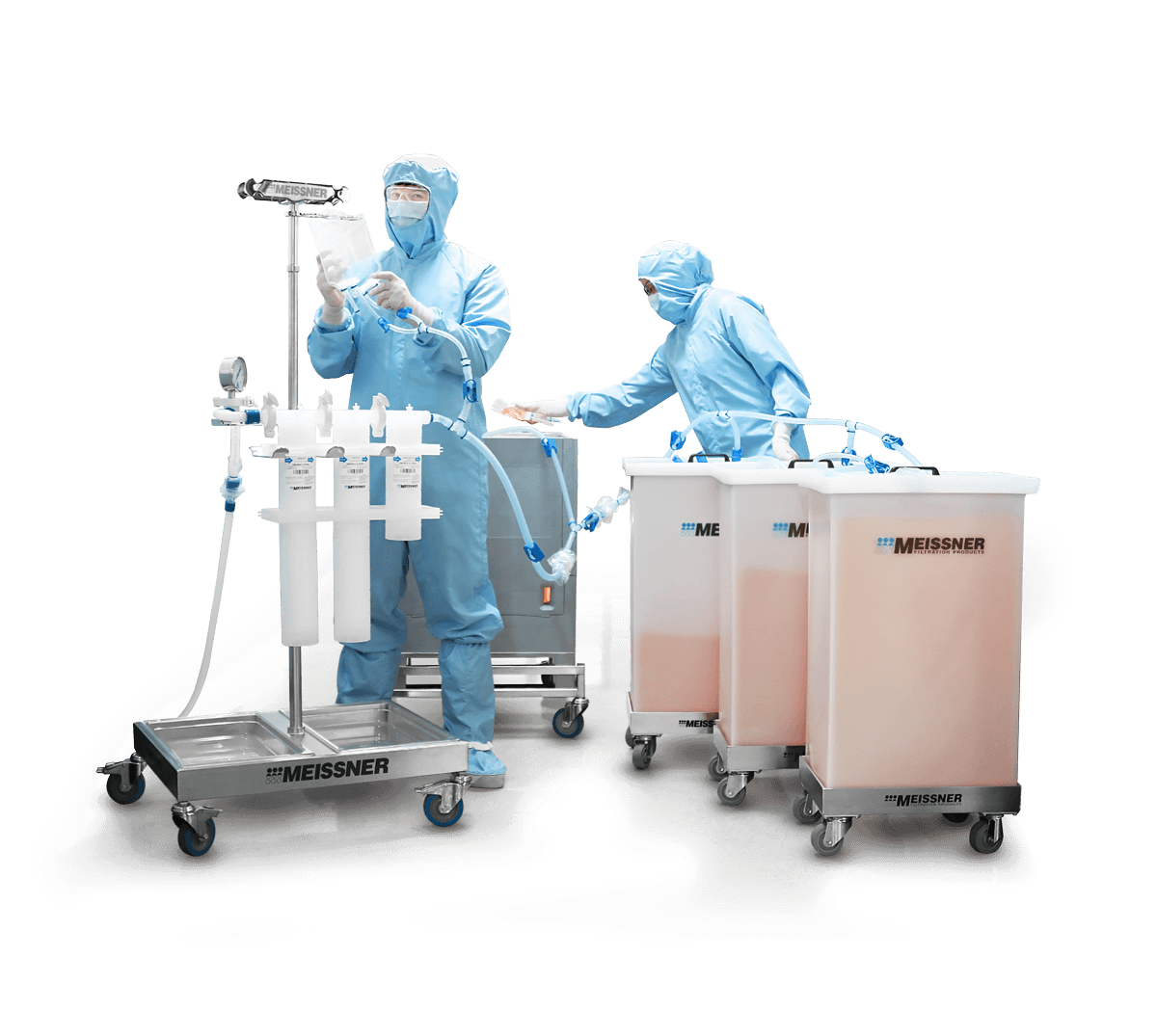 Technicians in cleanroom suits with filtration equipment