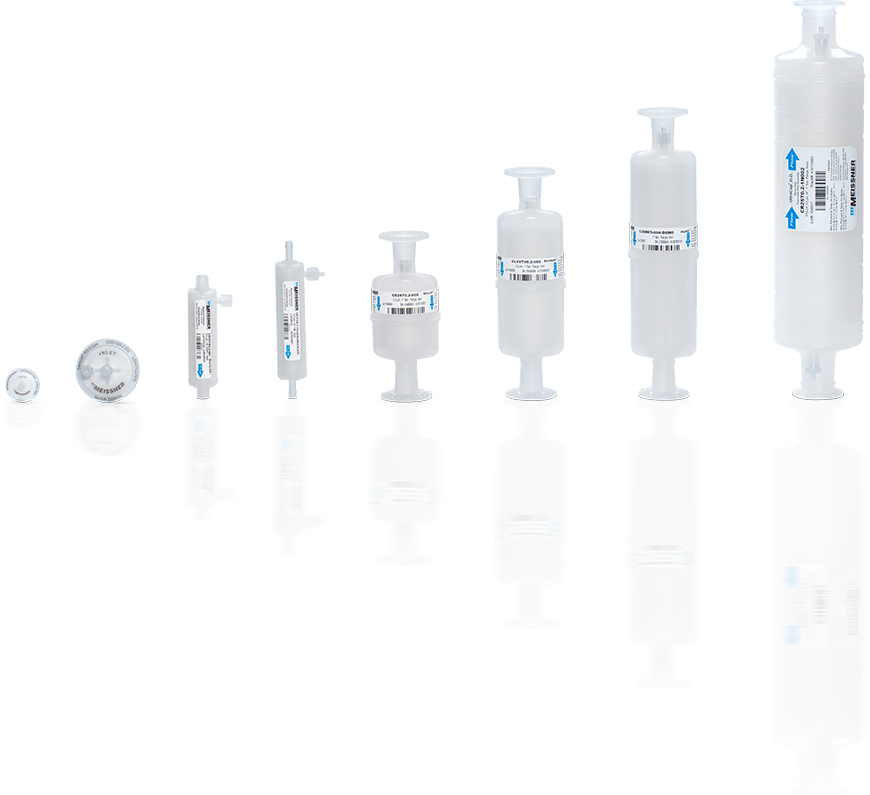 Various sizes of syringe filters displayed in row.